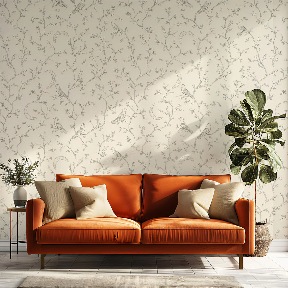 Crescent Moon and Bird Branch Mural Wallpaper — Cream and Charcoal Mural Wallpaper - room preview 02