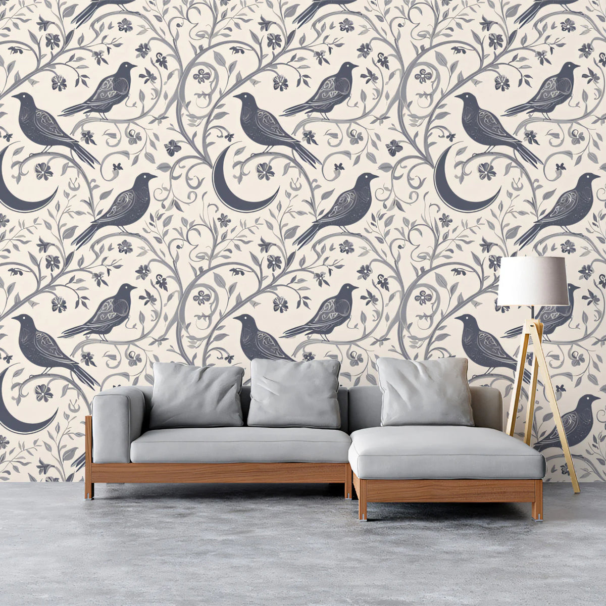 Crescent Moon & Perched Bird Mural Wallpaper —Monochromatic Sketch Mural Wallpaper - room preview 02