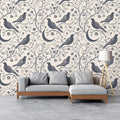 Crescent Moon & Perched Bird Mural Wallpaper —Monochromatic Sketch Mural Wallpaper - room preview 02