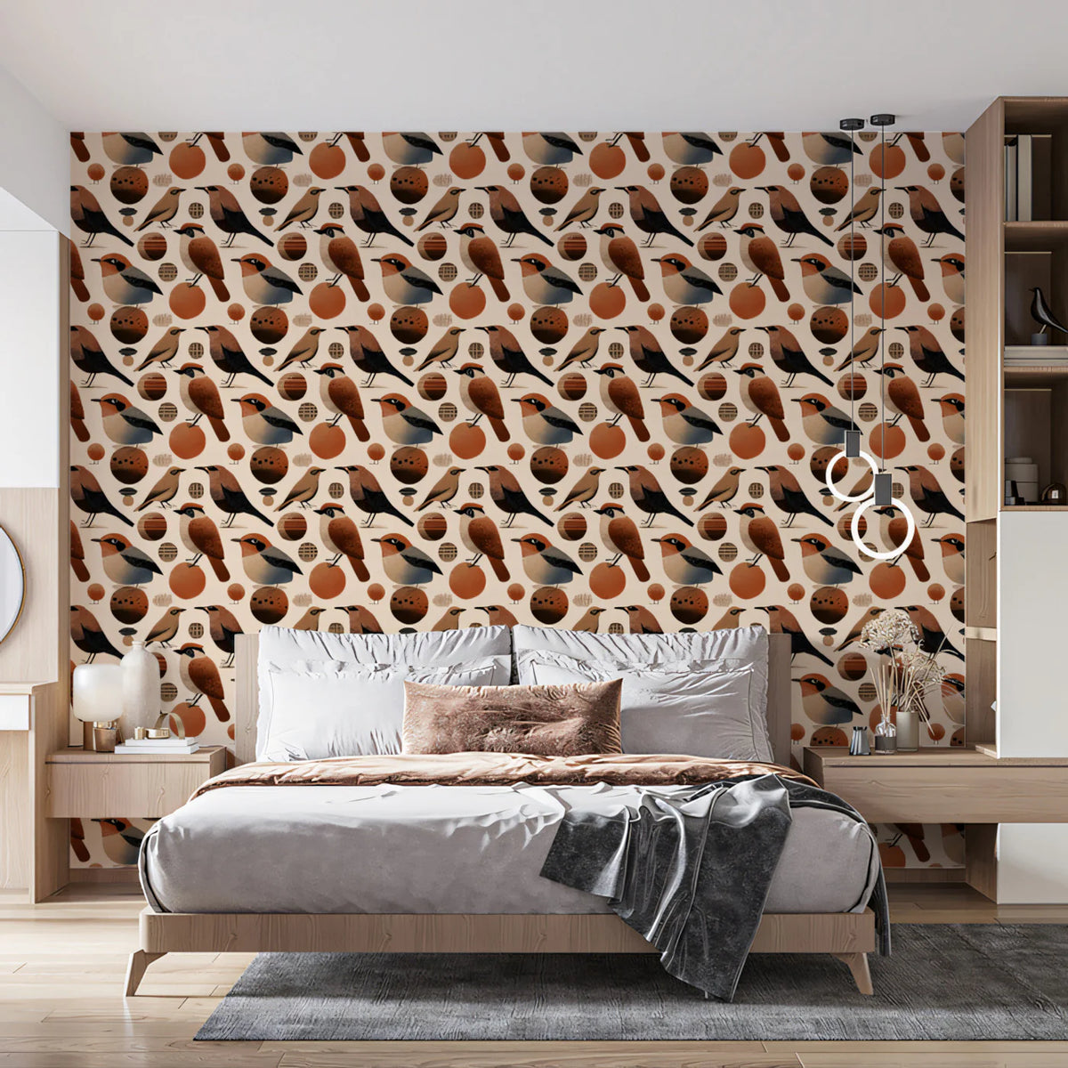 Folk Bird and Circle Mural Wallpaper — Whimsical Earthy Pattern Mural Wallpaper - room preview 02