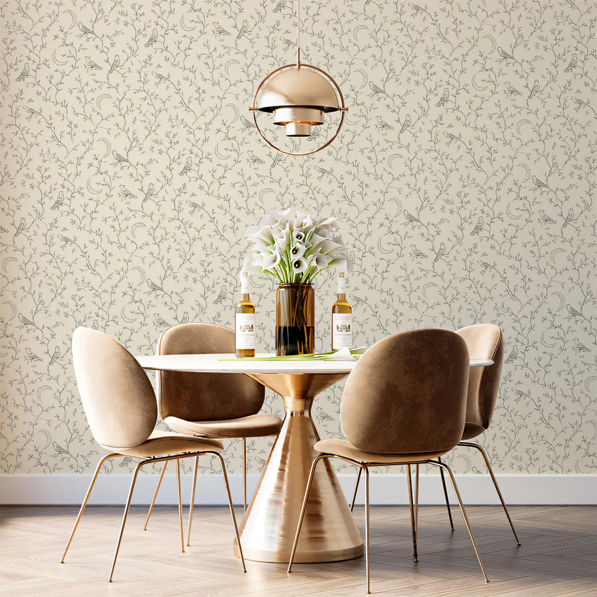 Crescent Moon and Songbird Mural Wallpaper — Vintage Line Art Mural Wallpaper - room preview 02