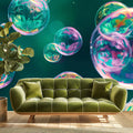 Iridescent Bubble Mural Wallpaper — Deep Teal Circular Pattern Mural Wallpaper - room preview 02