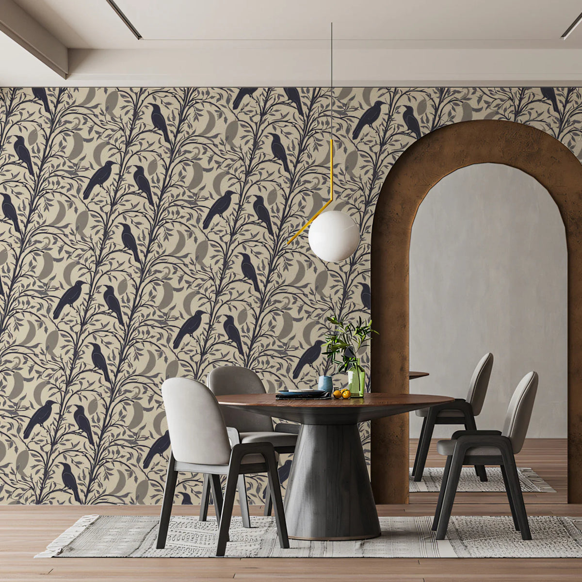 Folkloric Bird and Branch Mural Wallpaper — Dark Academia Style Mural Wallpaper - room preview 02
