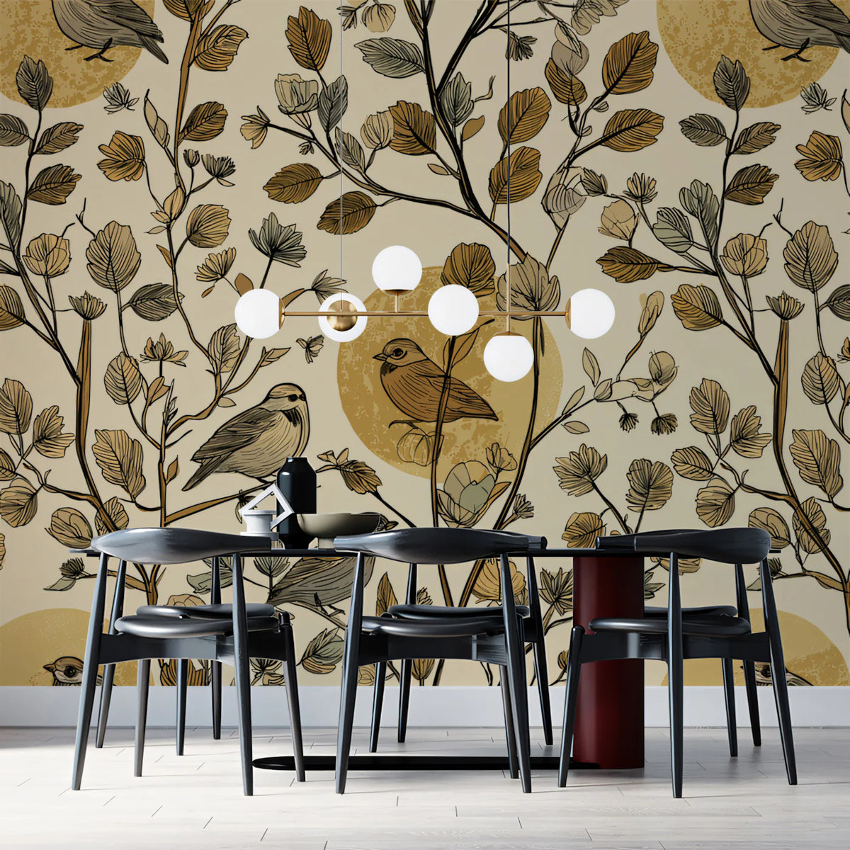 Sketchy Botanical Bird Mural Wallpaper in Earthy Ochre Tones Mural Wallpaper - room preview 02