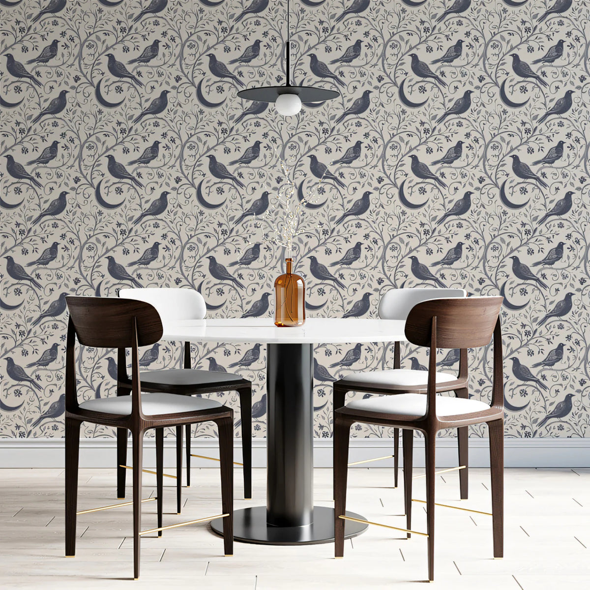 Crescent Moon and Perching Bird Mural Wallpaper —Monochromatic Mural Wallpaper - room preview 02