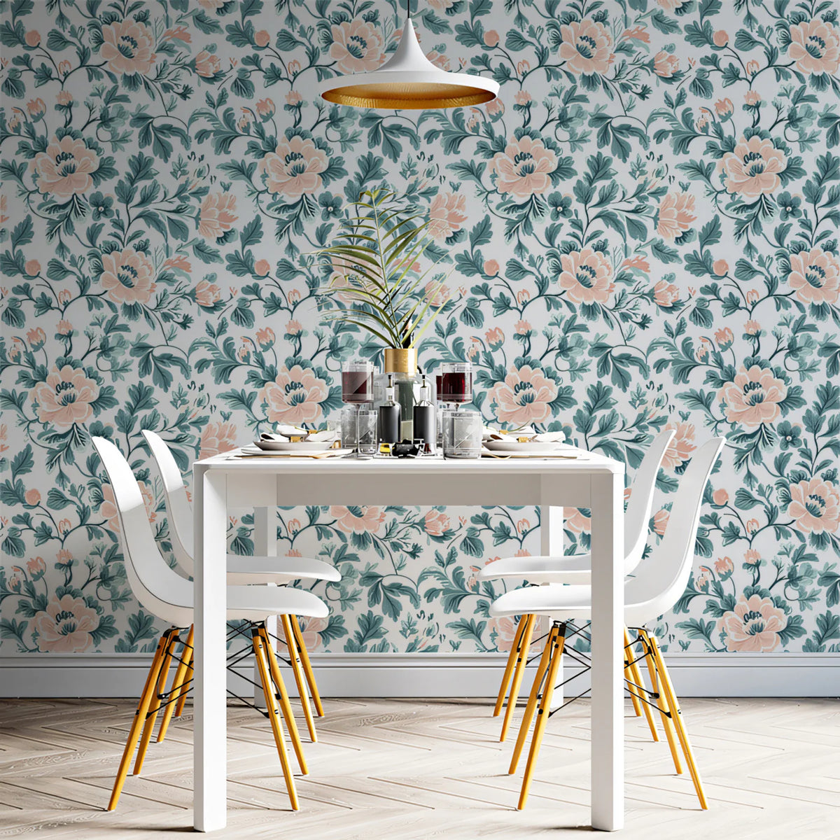Vintage Peony Garden Mural Wallpaper — Soft Peach and Dusty Teal Mural Wallpaper - room preview 02
