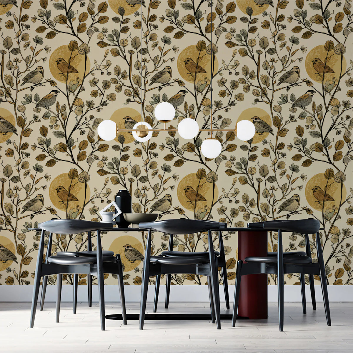 Autumnal Bird and Branch Mural Wallpaper in Golden Ochre Mural Wallpaper - room preview 02