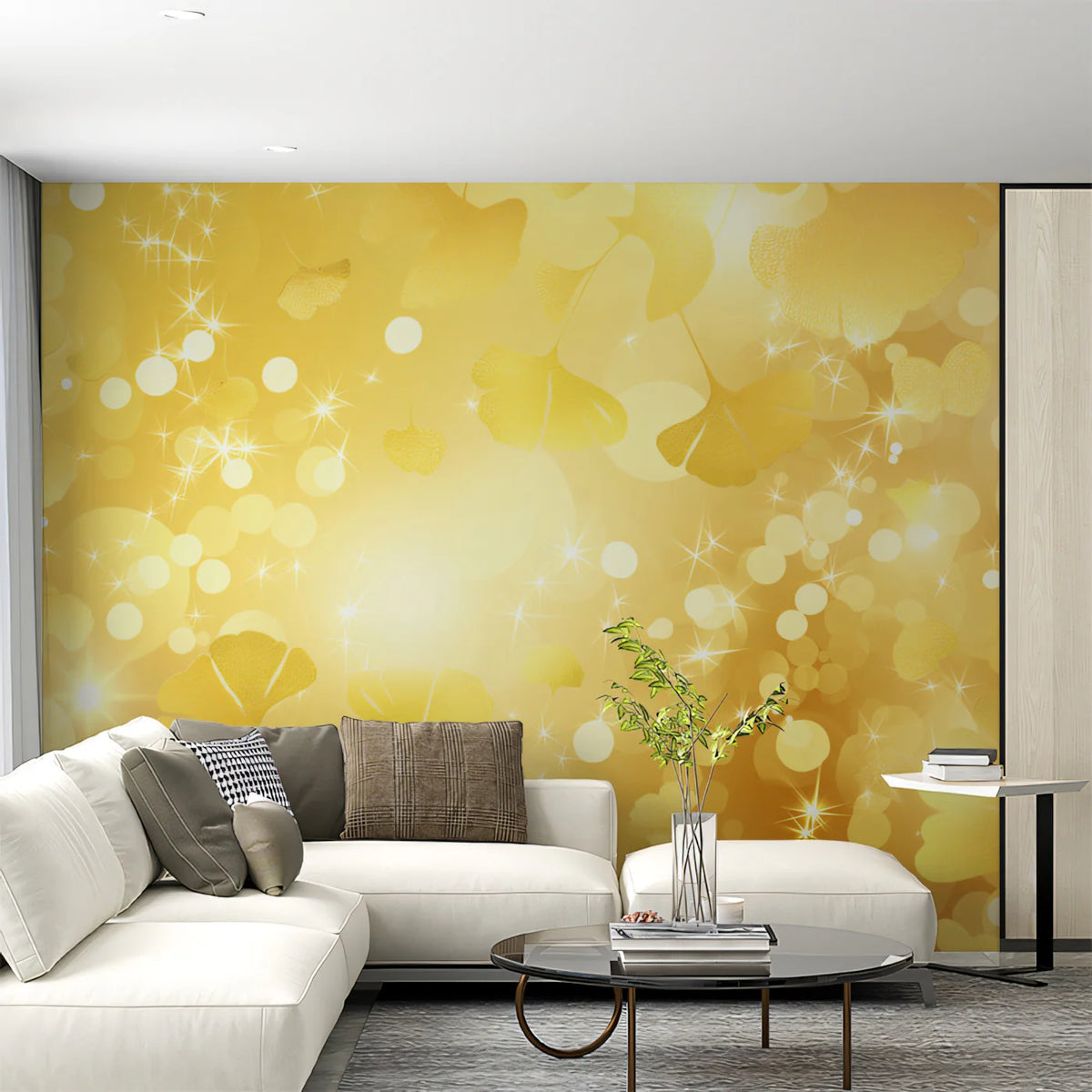 Gilded Ginkgo Leaf Mural Wallpaper — Luminous Gold Botanical Mural Wallpaper - room preview 02