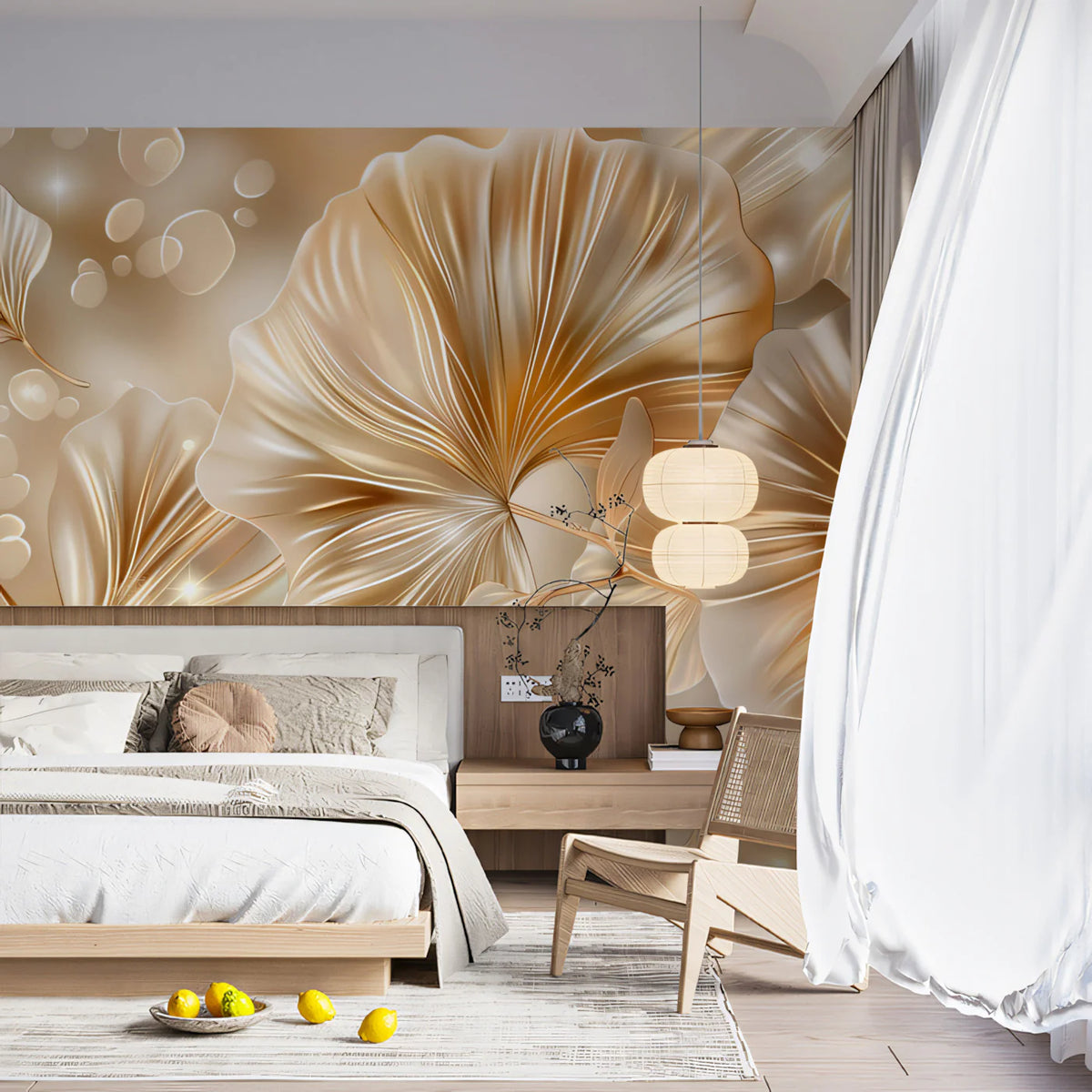 Gilded Ginkgo Leaves Mural Wallpaper — Luminous Gold Botanical Mural Wallpaper - room preview 02