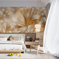 Gilded Ginkgo Leaves Mural Wallpaper — Luminous Gold Botanical Mural Wallpaper - room preview 02