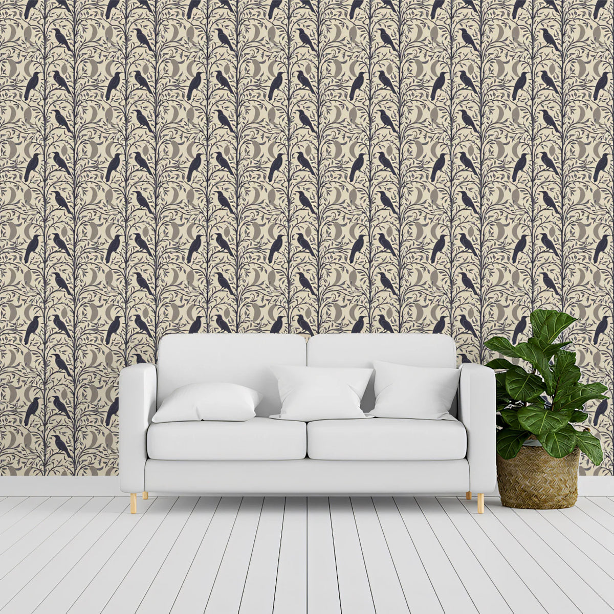 Stylized Bird and Branch Mural Wallpaper in Charcoal and Sand Mural Wallpaper - room preview 02