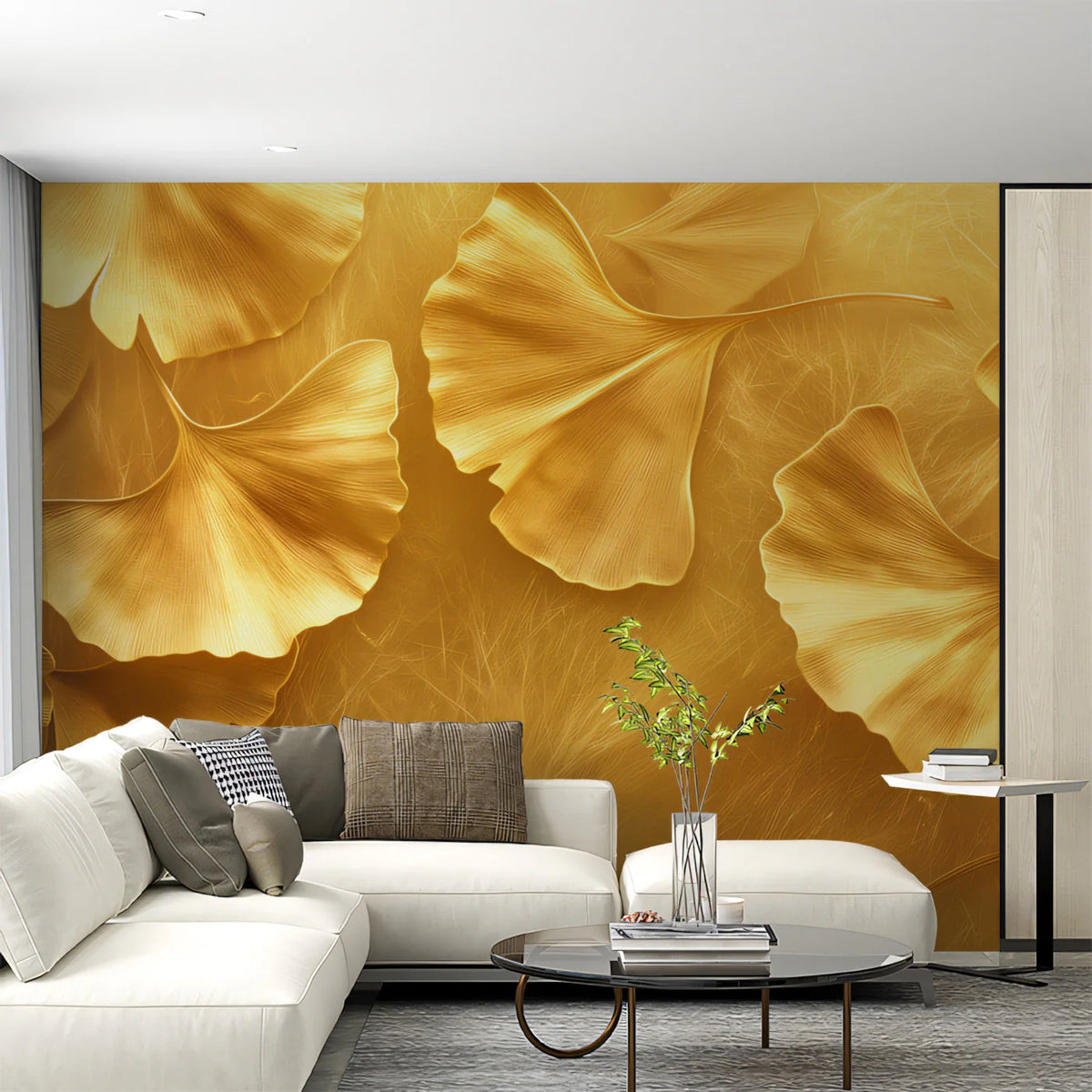 Gilded Ginkgo Leaf Mural Wallpaper — Metallic Gold Botanical Art Mural Wallpaper - room preview 02