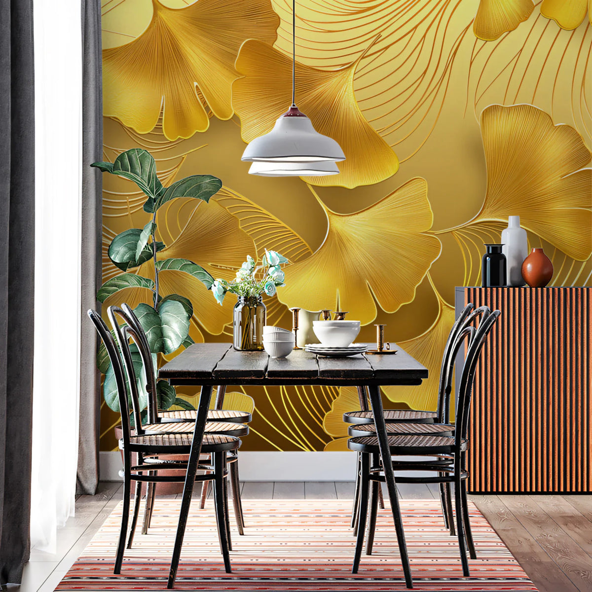 Gilded Ginkgo Leaf Mural Wallpaper — Opulent Metallic Design Mural Wallpaper - room preview 02