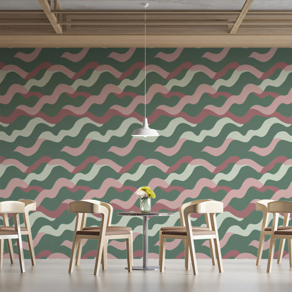 Retro Wavy Stripe Mural Wallpaper — Mid-Century Geometric Pattern Mural Wallpaper - room preview 02