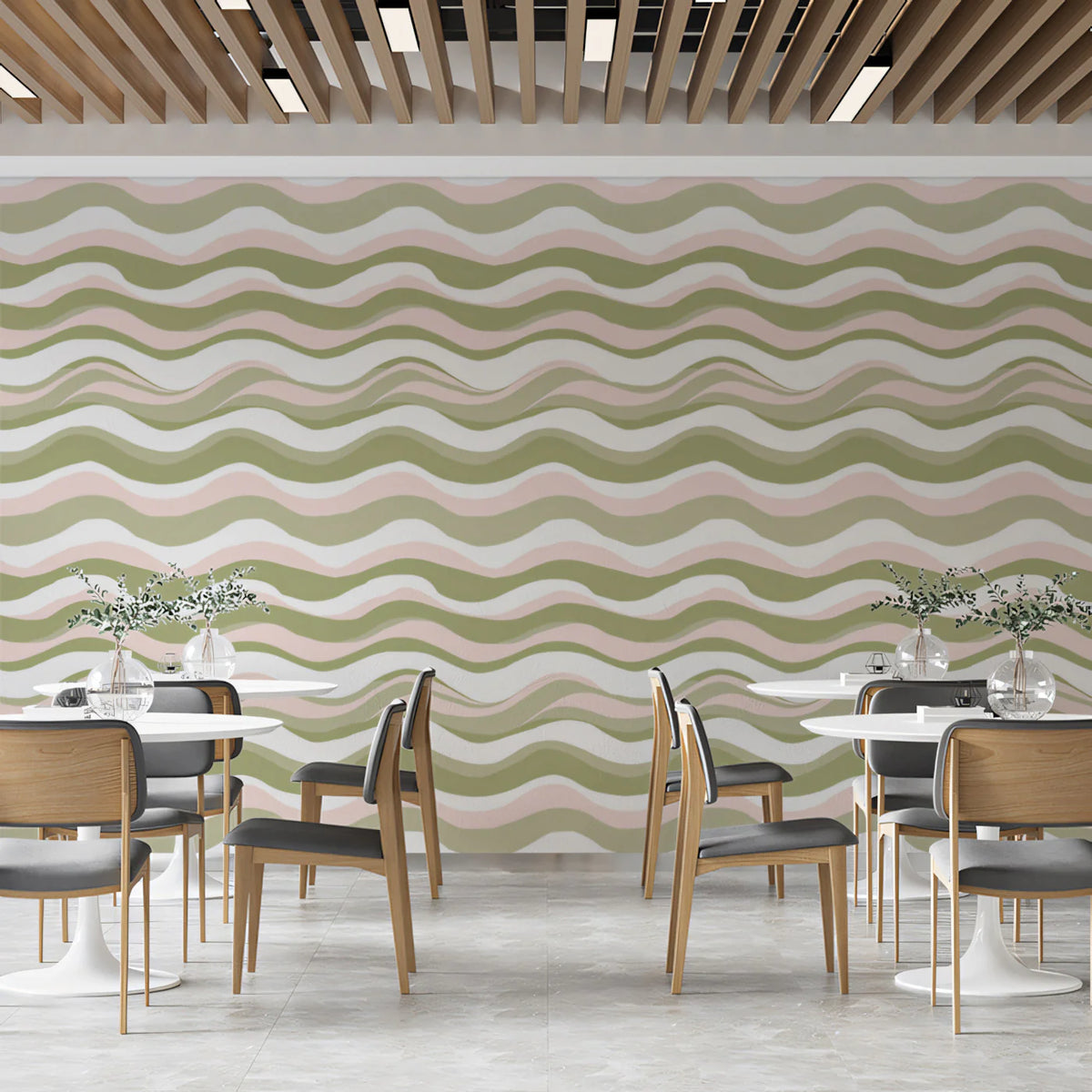 Hand-Drawn Wavy Stripe Mural Wallpaper in Sage and Blush Mural Wallpaper - room preview 02