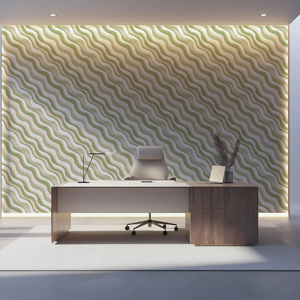 Diagonal Wavy Line Mural Wallpaper — Soft Sage and Blush Mural Wallpaper - room preview 02