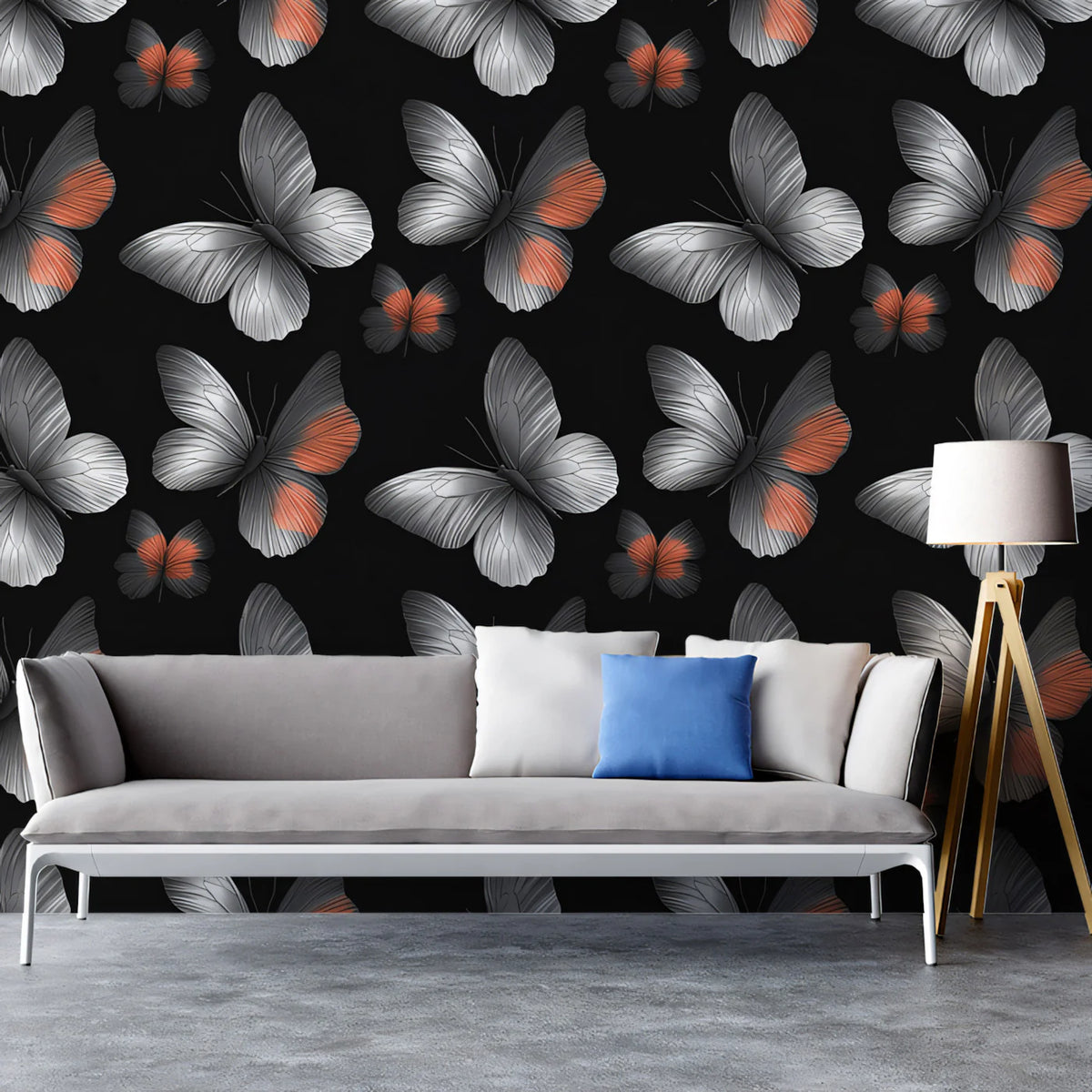 Monochrome Butterfly Mural Wallpaper — Dramatic Graphic Design Mural Wallpaper - room preview 02