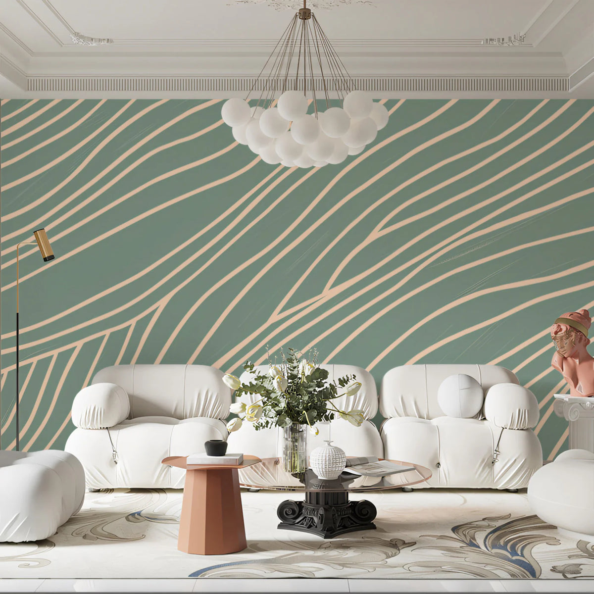 Wavy Line Mural Wallpaper in Sage Green and Soft Cream Mural Wallpaper - room preview 02