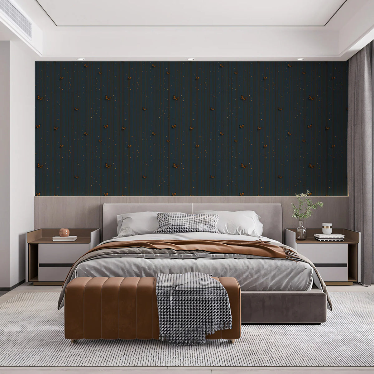 Minimalist Butterfly Mural Wallpaper — Dusty Blue and Gold Mural Wallpaper - room preview 02