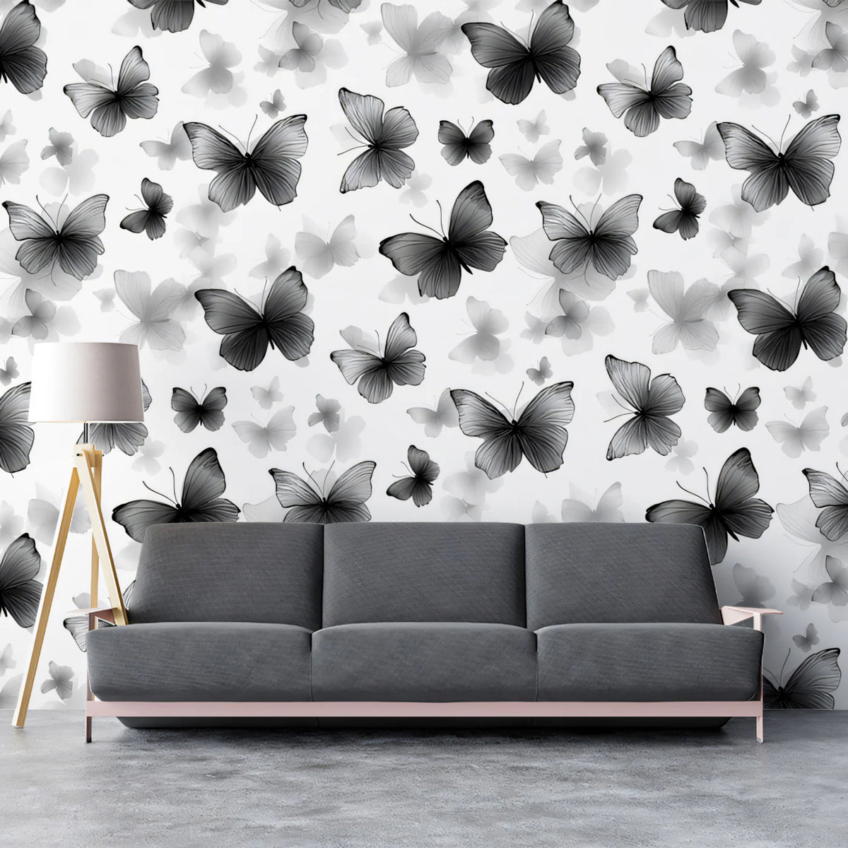 Monochrome Butterfly Flight Mural Wallpaper — Modern Minimalist Mural Wallpaper - room preview 02