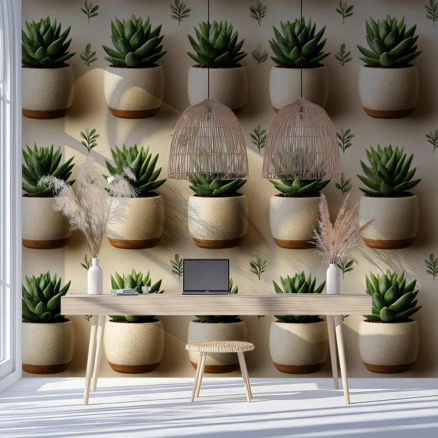 Cactus Wallpaper Mural – Succulent Wall Mural – Potted Succulent Row — Minimalist Organic