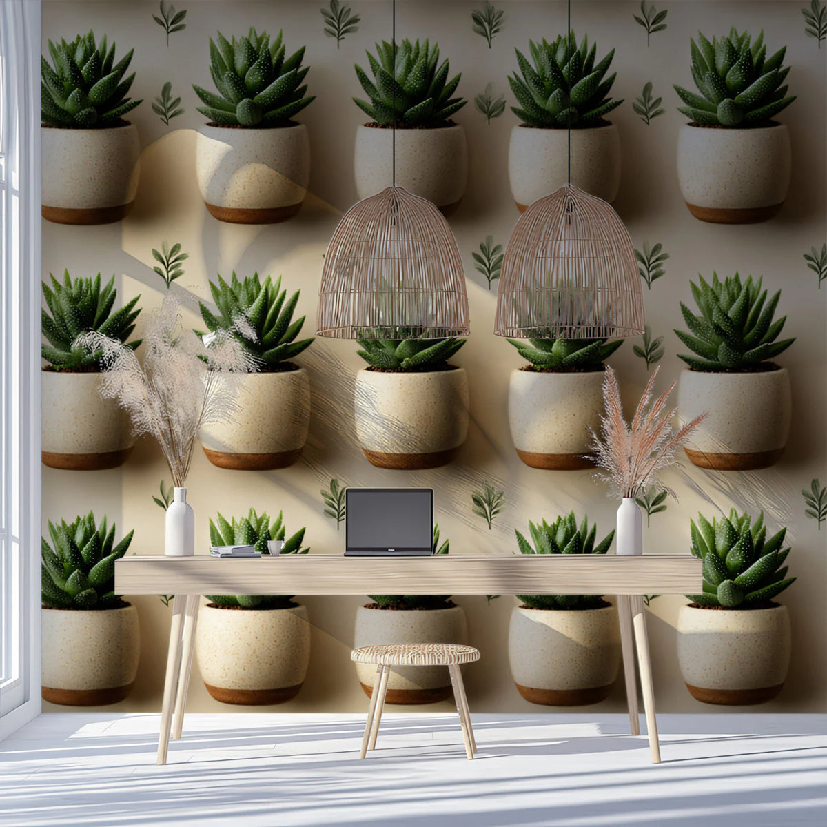 Potted Succulent Row Mural Wallpaper — Minimalist Organic Mural Wallpaper - room preview 02
