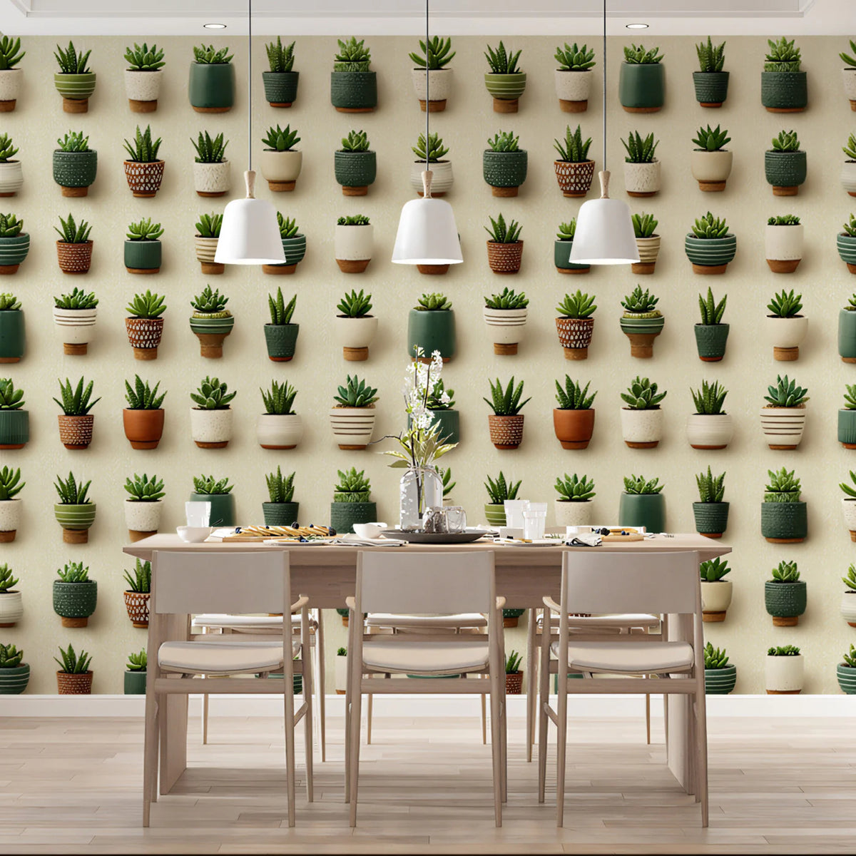 Potted Succulent Grid Mural Wallpaper — Modern Botanical Style Mural Wallpaper - room preview 02