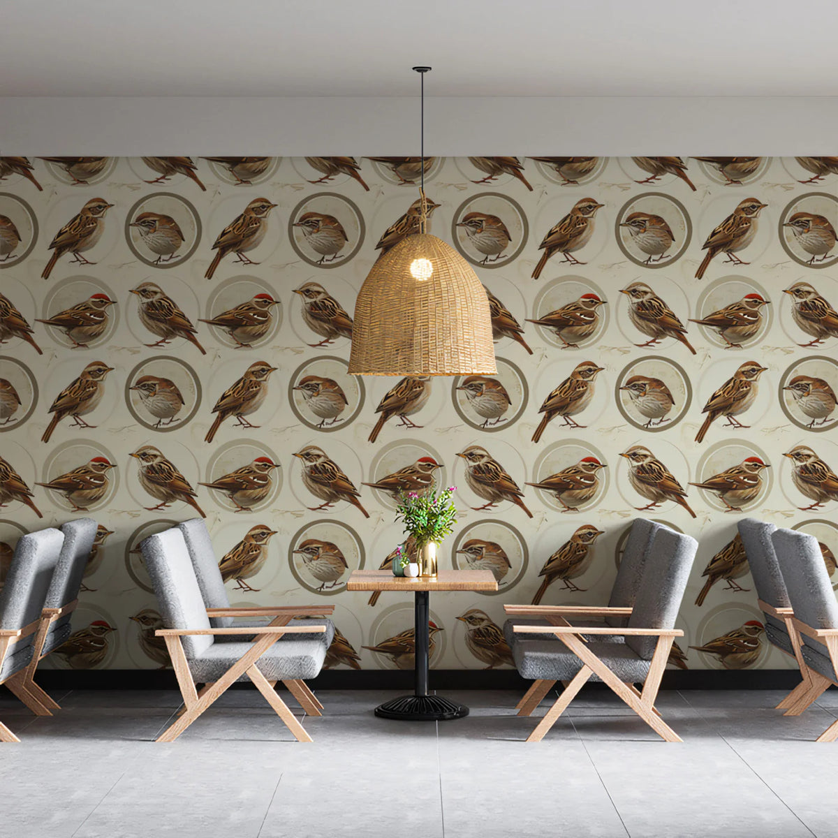 Sparrow Medallion Mural Wallpaper in Earthy Neutrals Mural Wallpaper - room preview 02