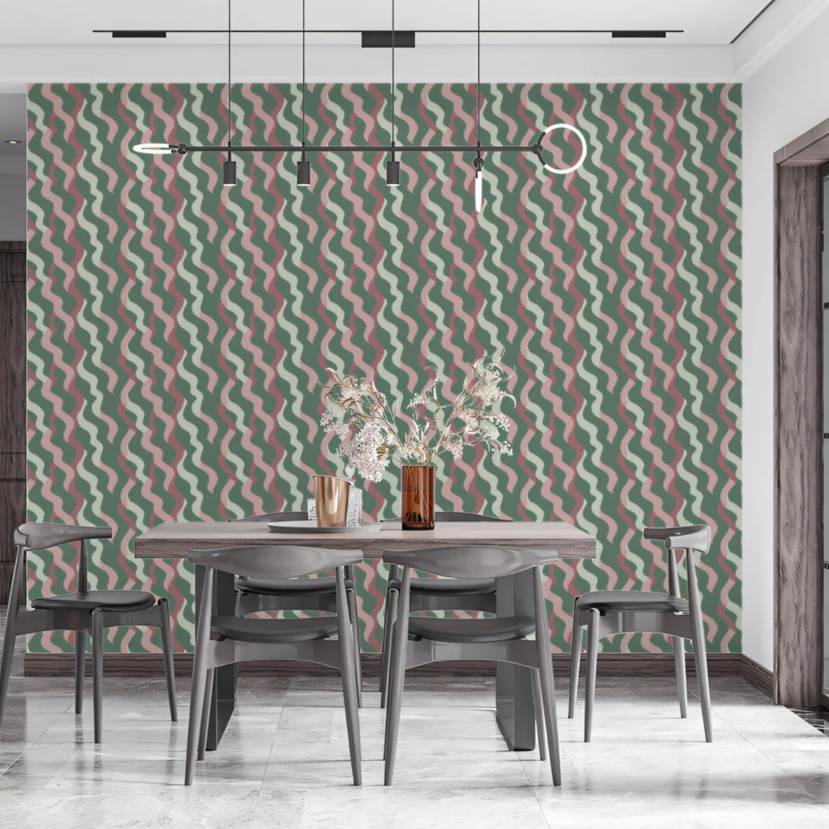 Wavy Vertical Stripe Mural Wallpaper — Soft Sage and Blush Mural Wallpaper - room preview 02