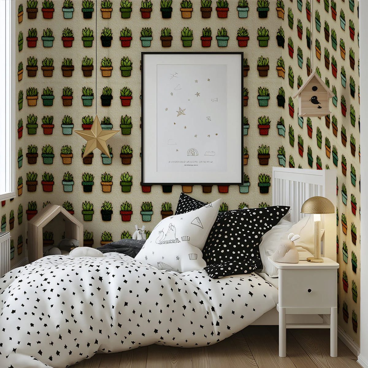Potted Succulent Grid Mural Wallpaper —Whimsical Botanical Pattern Mural Wallpaper - room preview 02