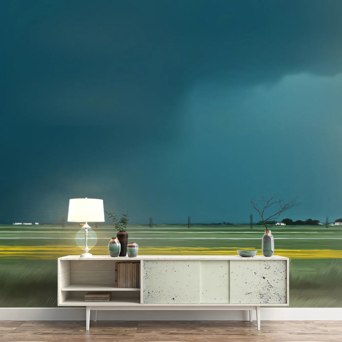 Stormy Horizon Mural Wallpaper — Impressionistic Landscape Design Mural Wallpaper - room preview 02