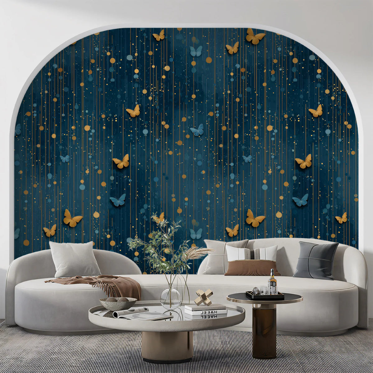 Gilded Butterfly Vertical Line Mural Wallpaper in Midnight Navy Mural Wallpaper - room preview 02