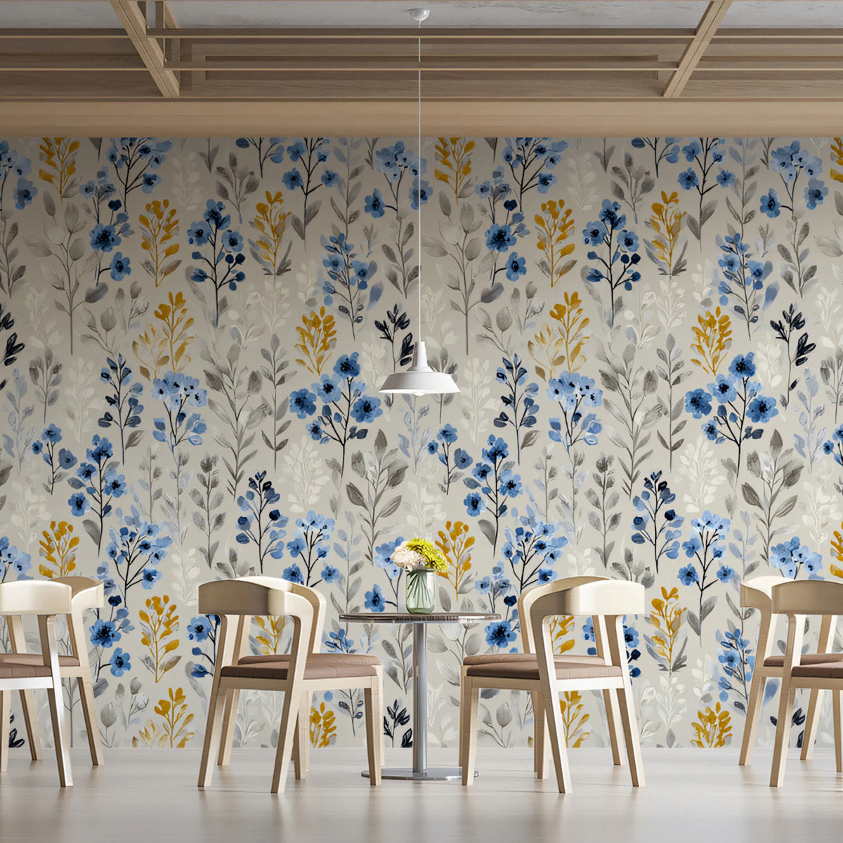 Watercolor Wildflower Mural Wallpaper — Blue and Ochre Floral Mural Wallpaper - room preview 02
