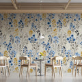 Watercolor Wildflower Mural Wallpaper — Blue and Ochre Floral Mural Wallpaper - room preview 02