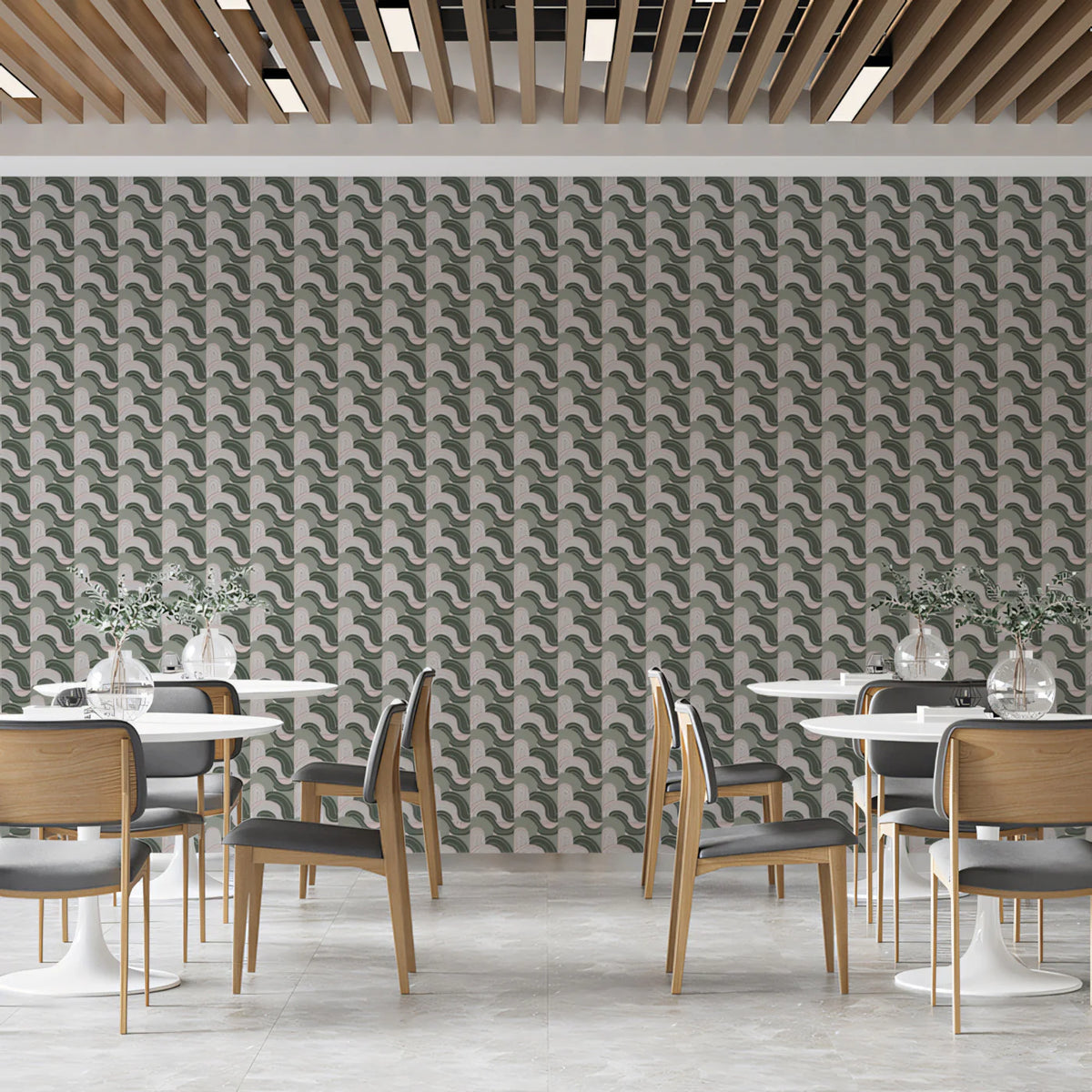 Interlocking Crescent Mural Wallpaper — Sage and Blush Geometric Mural Wallpaper - room preview 02