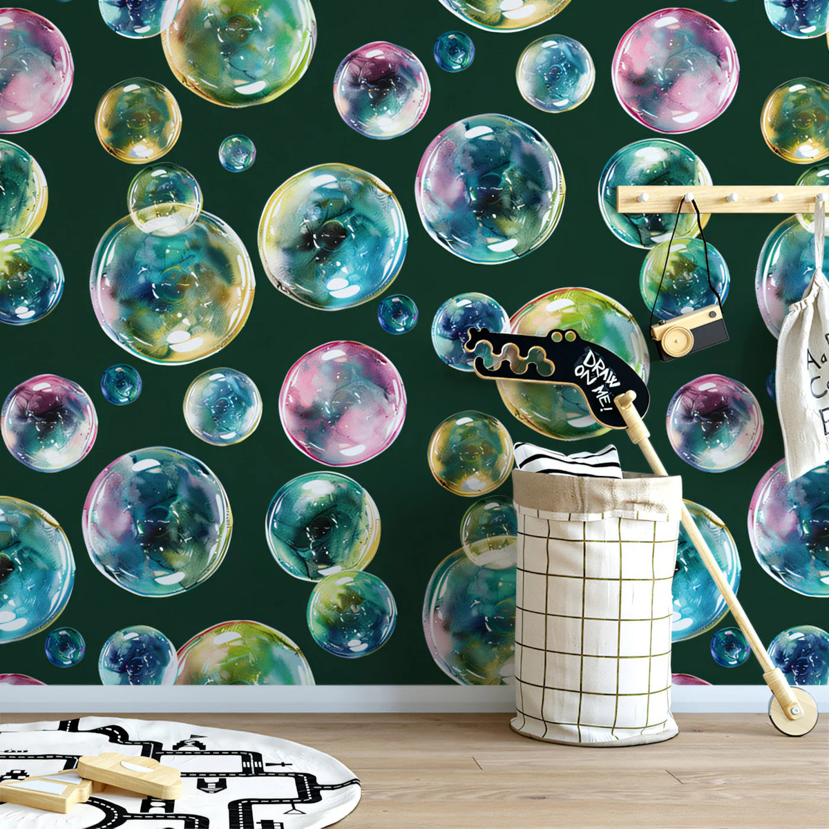 Watercolor Bubble Cluster Mural Wallpaper in Deep Forest Green Mural Wallpaper - room preview 02