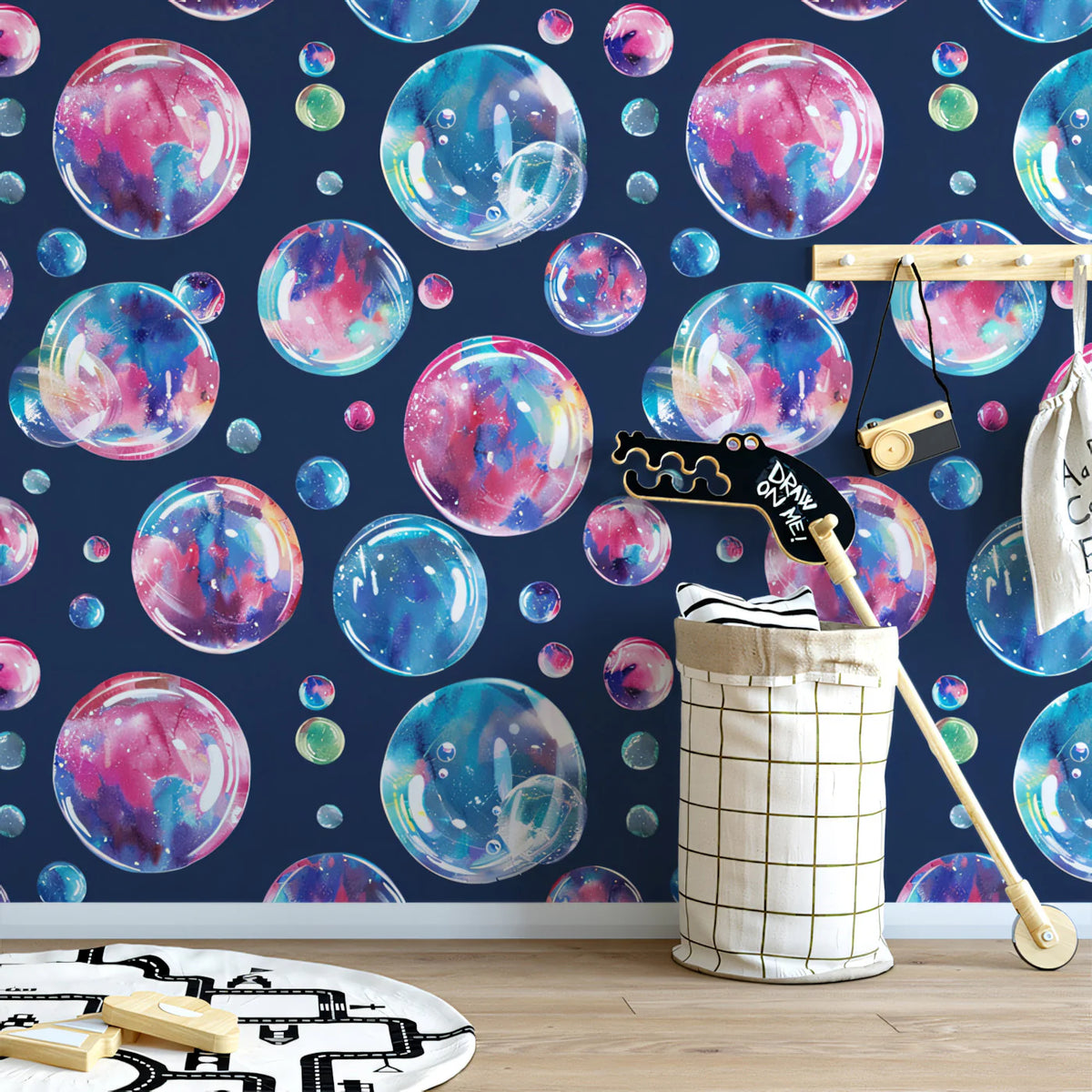 Watercolor Bubble Pattern Mural Wallpaper — Whimsical Navy Design Mural Wallpaper - room preview 02