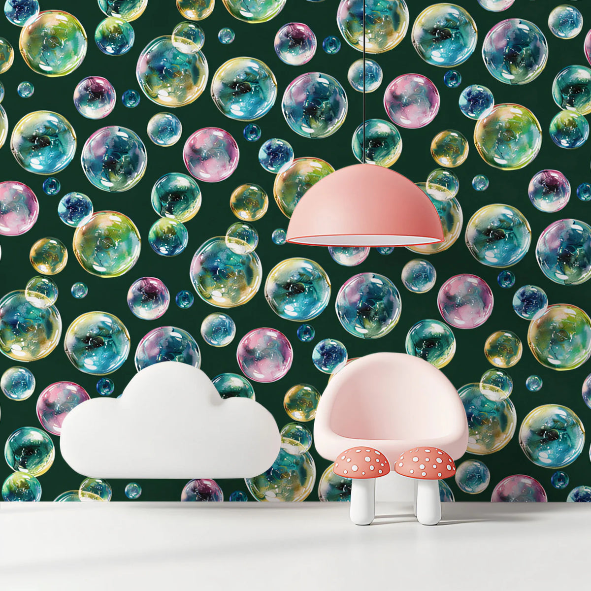 Floating Watercolor Bubble Mural Wallpaper — Deep Green Backdrop Mural Wallpaper - room preview 02