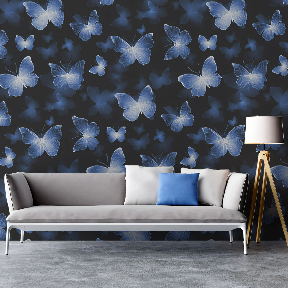 Ethereal Butterfly Mural Wallpaper —Dark Indigo and Charcoal Mural Wallpaper - room preview 02