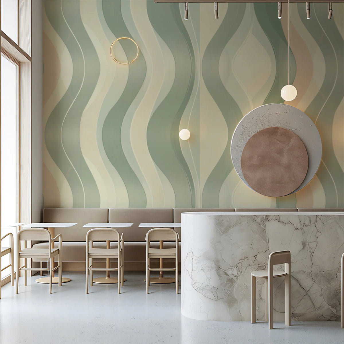 Mid-Century Wavy Stripe Mural Wallpaper — Soft Retro Curves Mural Wallpaper - room preview 02