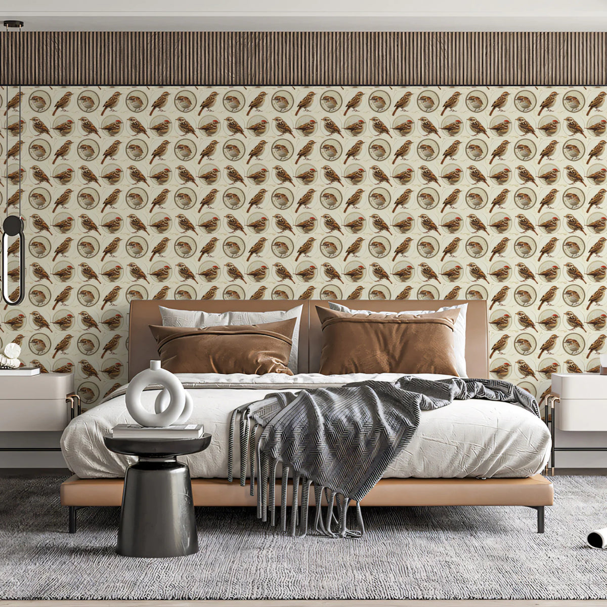 Vintage Sparrow Medallion Mural Wallpaper — Classic Bird Design Mural Wallpaper - room preview 02