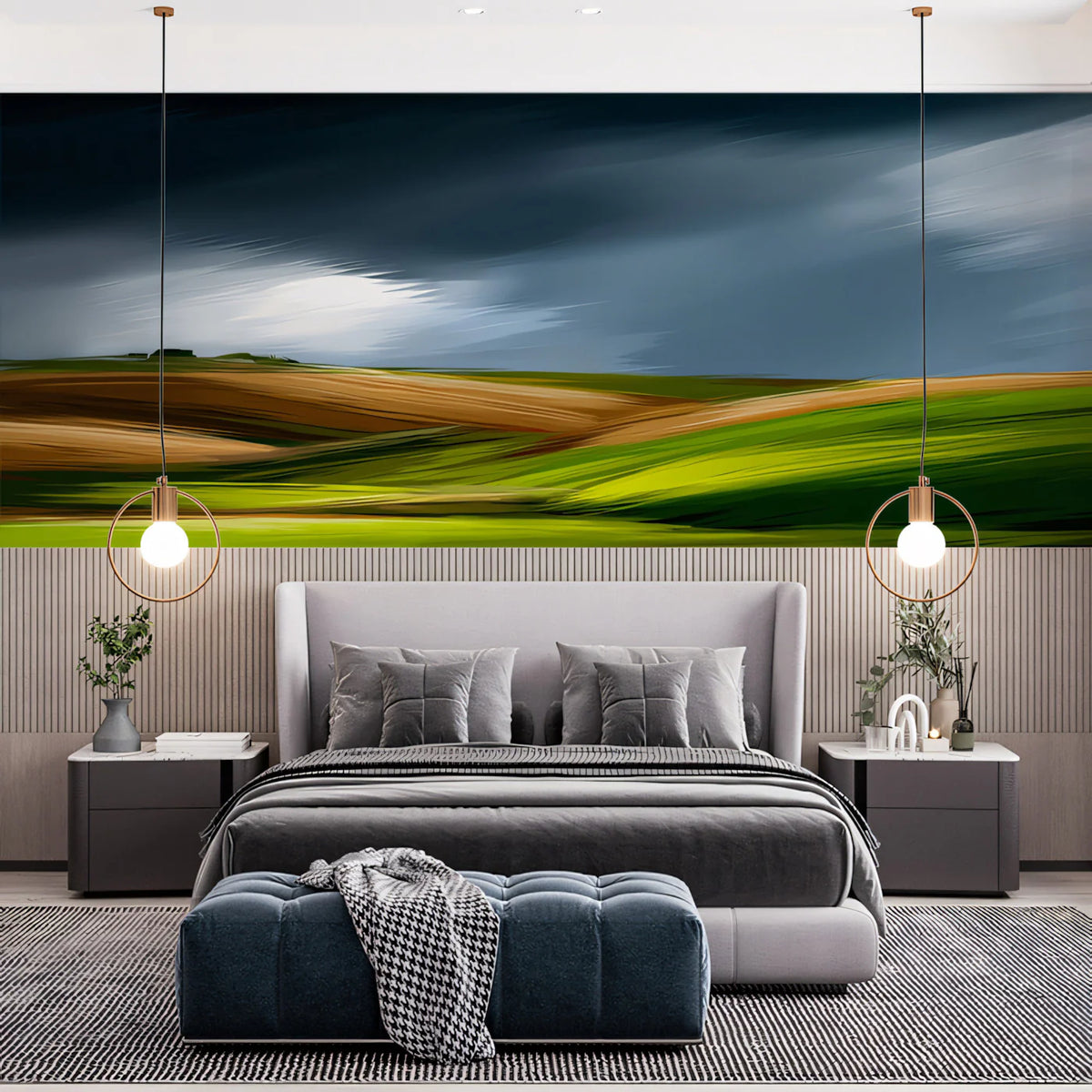 Impressionist Rolling Hills Mural Wallpaper — Moody Landscape Mural Wallpaper - room preview 02