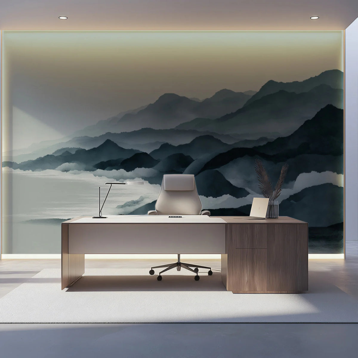 Misty Mountain Ink Wash Mural Wallpaper — Gray Landscape Art Mural Wallpaper - room preview 02