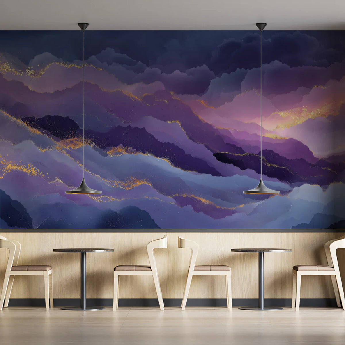 Celestial Peaks Mural Wallpaper — Abstract Purple and Gold Clouds Mural Wallpaper - room preview 02