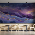 Celestial Peaks Mural Wallpaper — Abstract Purple and Gold Clouds Mural Wallpaper - room preview 02