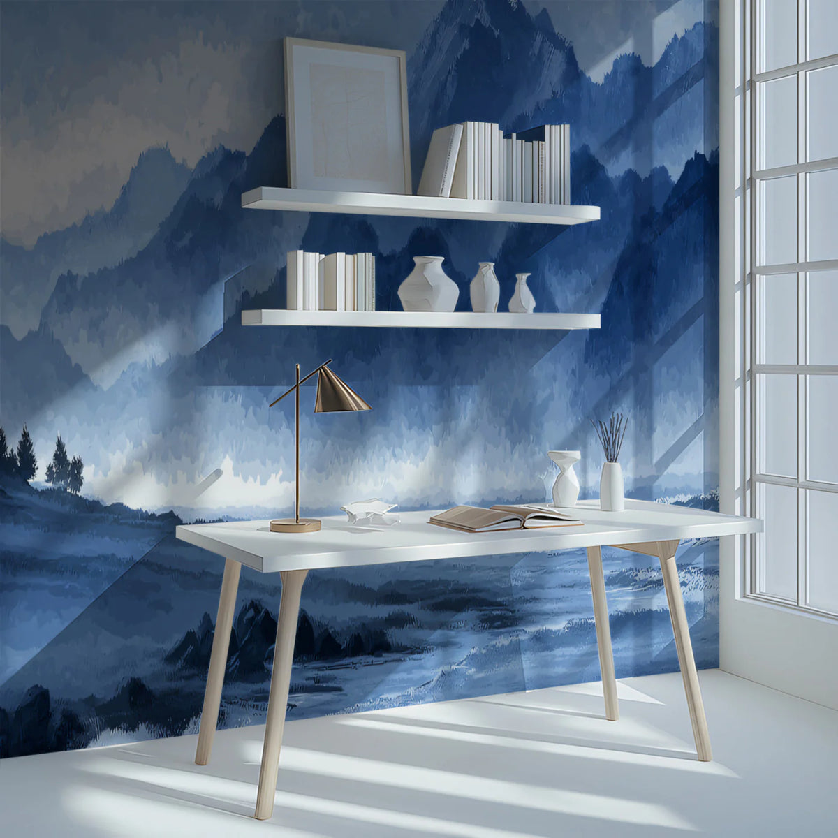 Misty Mountain Coast Mural Wallpaper — Impressionistic Blue Landscape Mural Wallpaper - room preview 02