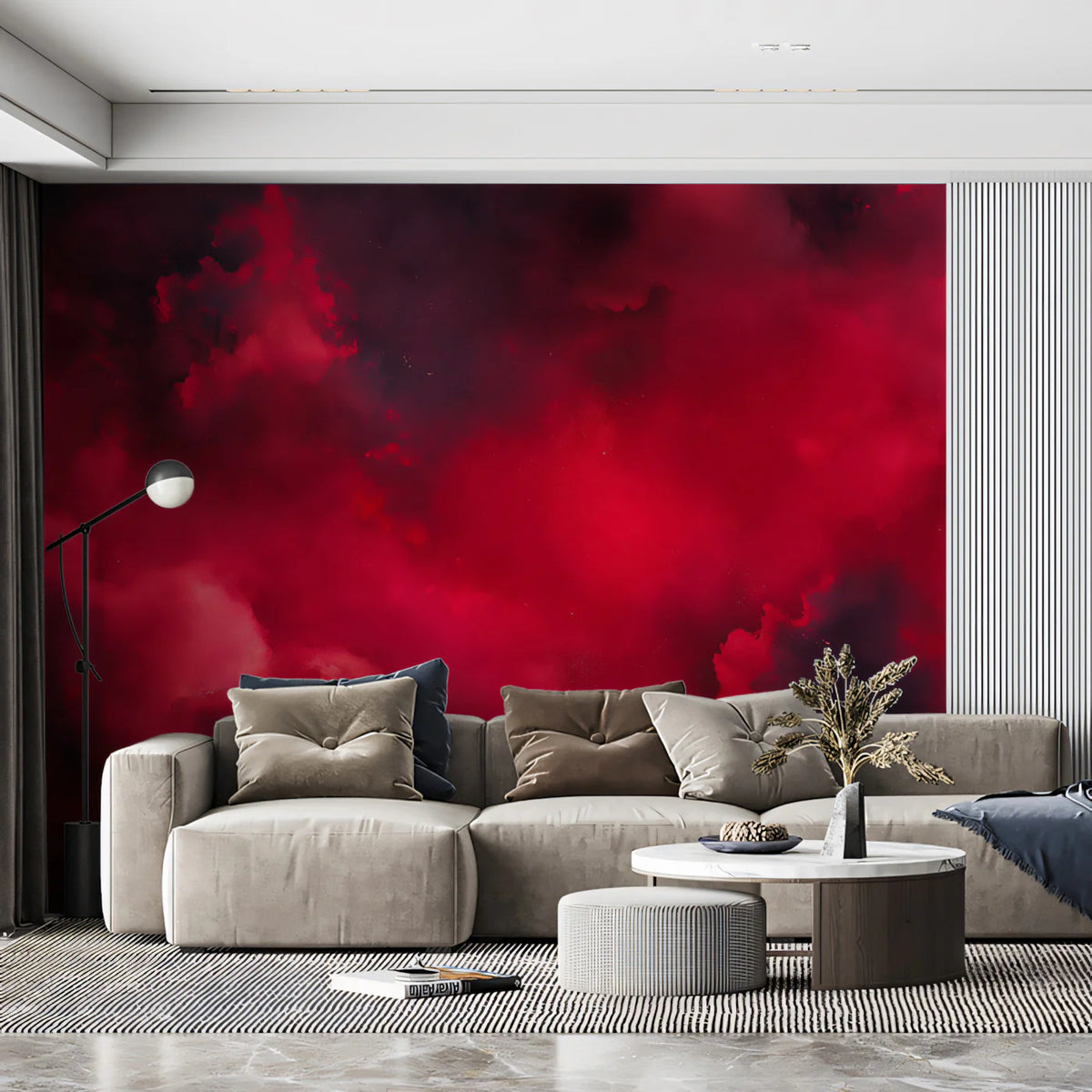 Crimson Smoke Cloud Mural Wallpaper — Dramatic Abstract Design Mural Wallpaper - room preview 02