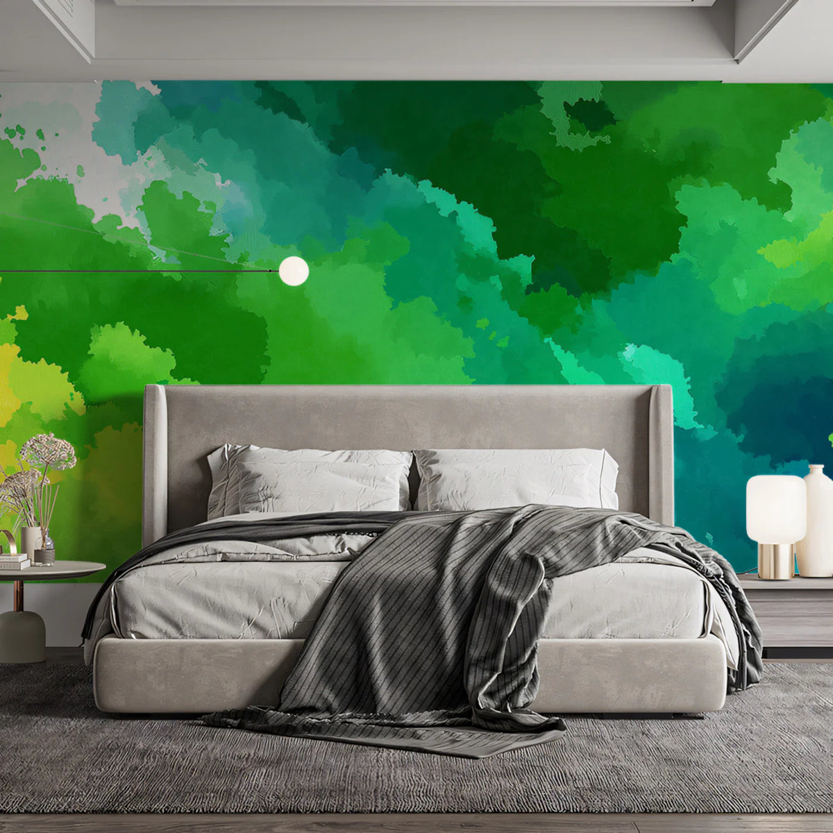 Abstract Watercolor Green Cloud Mural Wallpaper - room preview 02