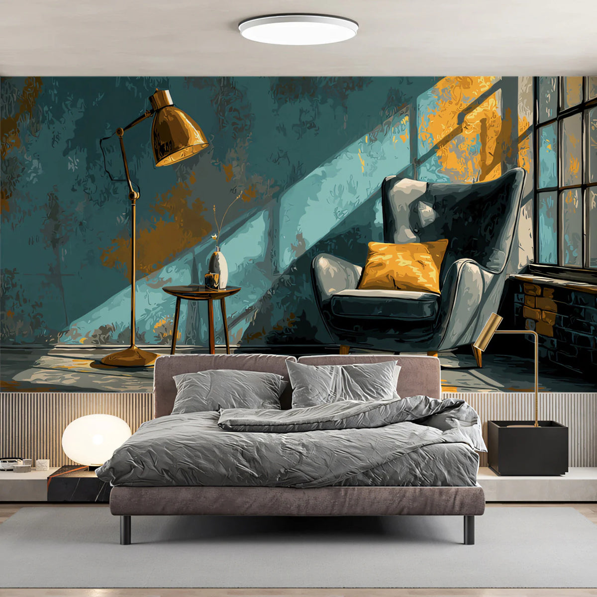 Sunlit Abstract Teal and Ochre Mural Wallpaper — Artistic Interior Mural Wallpaper - room preview 02