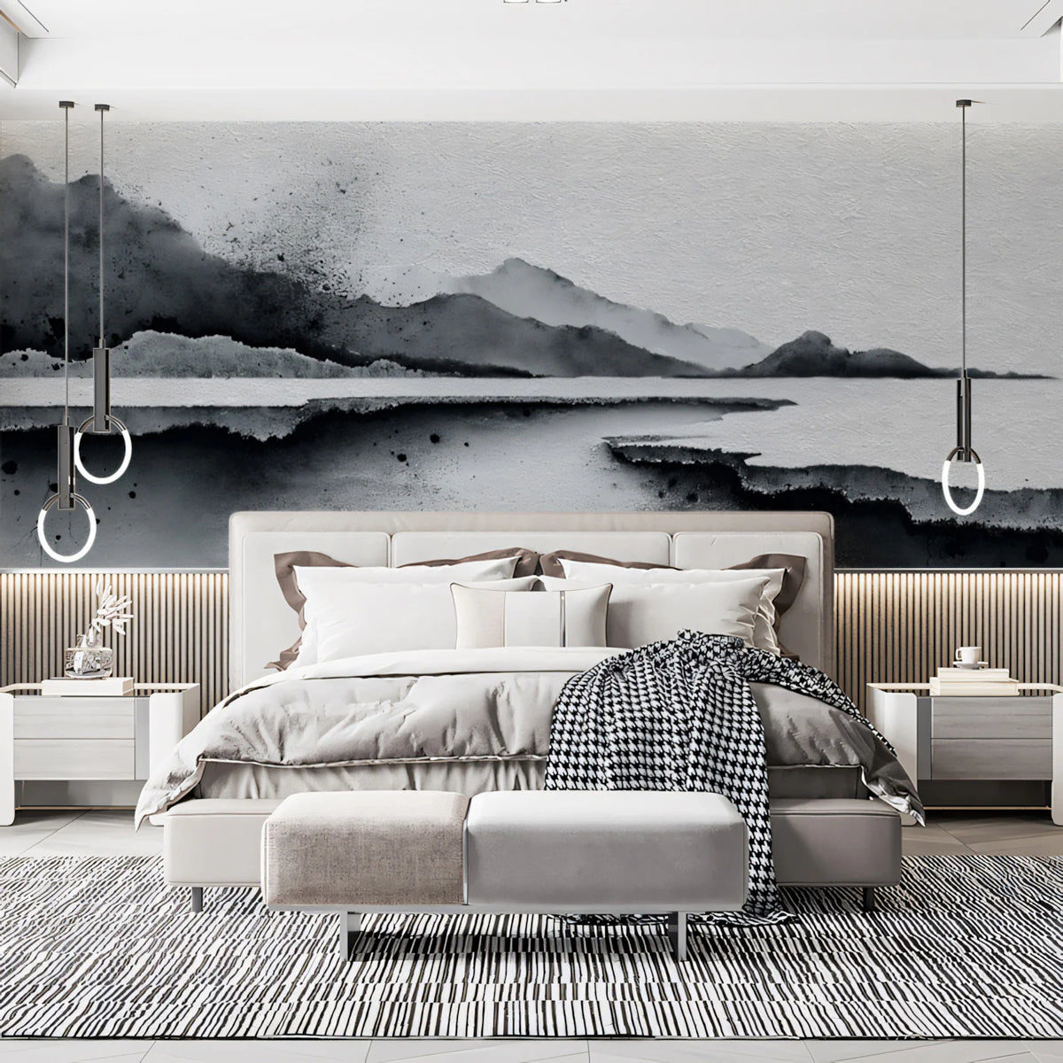 Monochrome Ink Landscape Mural Wallpaper — Abstract Artistic Design Mural Wallpaper - room preview 02